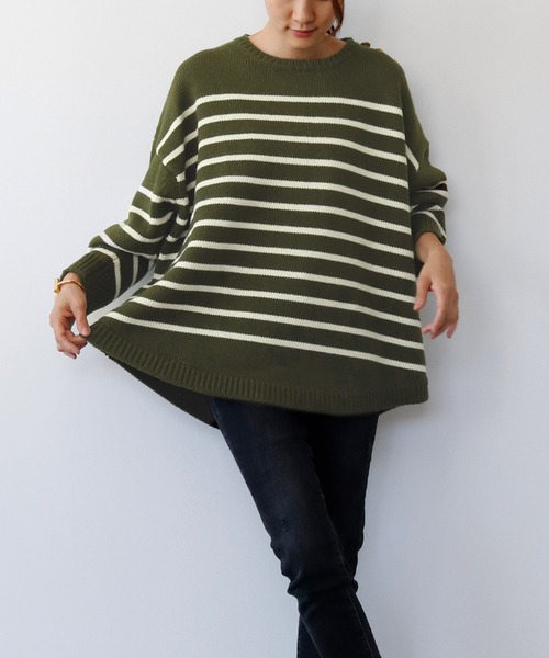 ELFRANK(エルフランク)の「肩金ボタン長袖オーバーサイズボーダーニットプルオーバー(ニット/セーター・レディース・カーキ/オフホワイト/ブラック・FREE)」の21枚目の写真