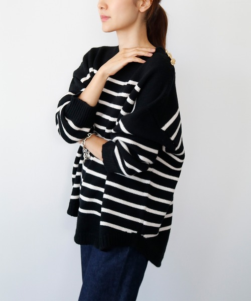 ELFRANK(エルフランク)の「肩金ボタン長袖オーバーサイズボーダーニットプルオーバー(ニット/セーター・レディース・カーキ/オフホワイト/ブラック・FREE)」の18枚目の写真