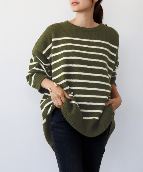 ELFRANK(エルフランク)の「肩金ボタン長袖オーバーサイズボーダーニットプルオーバー(ニット/セーター・レディース・カーキ/オフホワイト/ブラック・FREE)」の6枚目の写真