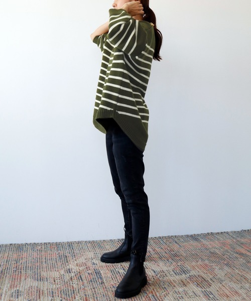 ELFRANK(エルフランク)の「肩金ボタン長袖オーバーサイズボーダーニットプルオーバー(ニット/セーター・レディース・カーキ/オフホワイト/ブラック・FREE)」の9枚目の写真