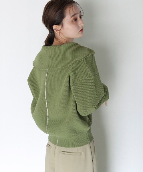 CLEIO（クレイオ）の「【CLEIO】オープンカラーステッチニット（ニット/セーター・レディース・ベージュ/ライトグリーン/ライトベージュ・FREE）」の3枚目の写真