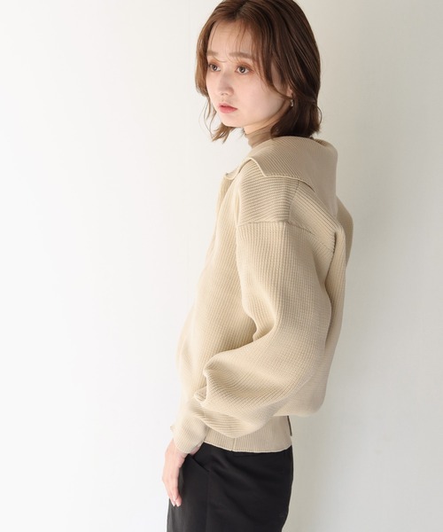 CLEIO（クレイオ）の「【CLEIO】オープンカラーステッチニット（ニット/セーター・レディース・ベージュ/ライトグリーン/ライトベージュ・FREE）」の5枚目の写真