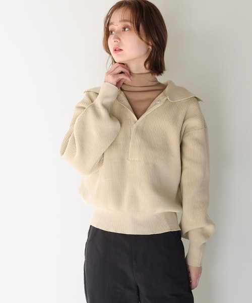 CLEIO（クレイオ）の「【CLEIO】オープンカラーステッチニット（ニット/セーター・レディース・ベージュ/ライトグリーン/ライトベージュ・FREE）」の4枚目の写真