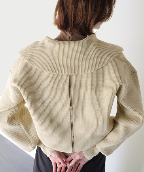 CLEIO（クレイオ）の「【CLEIO】オープンカラーステッチニット（ニット/セーター・レディース・ベージュ/ライトグリーン/ライトベージュ・FREE）」の7枚目の写真