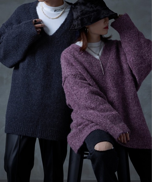 Ellno Loset(エルノロゼット)の「ブークレ深Vニット(ニット/セーター・メンズ・ダークブルー/パープル・LARGE/MEDIUM)」の18枚目の写真
