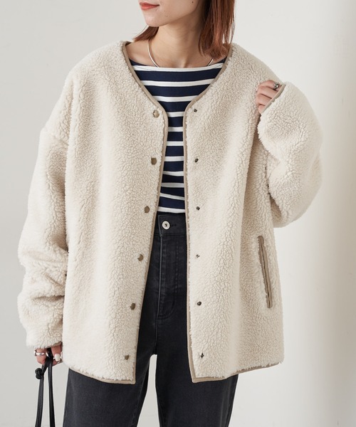 Zozotown限定 ボアフリースパイピングノーカラーブルゾン