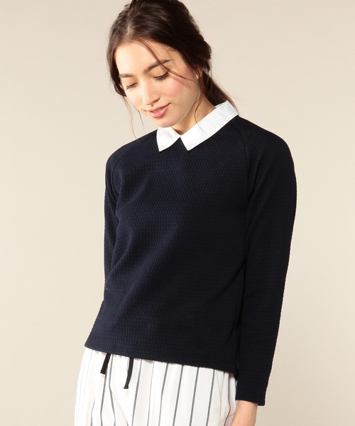 green label relaxing(グリーンレーベルリラクシング)の「GT フクレJQ エリツキ POカットソー◆(Tシャツ/カットソー・レディース・オフホワイト/ネイビー・FREE)」の1枚目の写真