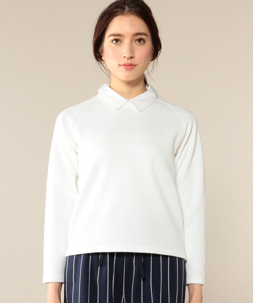 green label relaxing(グリーンレーベルリラクシング)の「GT フクレJQ エリツキ POカットソー◆(Tシャツ/カットソー・レディース・オフホワイト/ネイビー・FREE)」の4枚目の写真