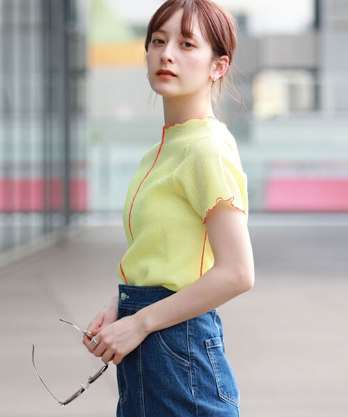 Ray BEAMS（レイビームス）の「Ray BEAMS / シャーリング 配色 メロー Tシャツ（Tシャツ/カットソー・レディース・ライトブルー/クリーム/レッド系その他・ONE SIZE）」の11枚目の写真