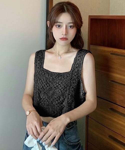 ニットビスチェベストクロップド丈クロシェ編みかぎ編みレース