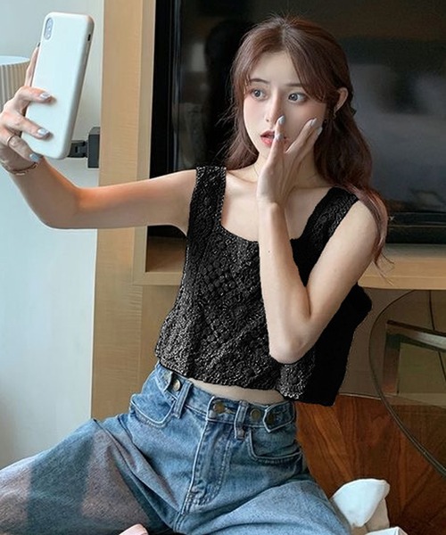 ニットビスチェベストクロップド丈クロシェ編みかぎ編みレース