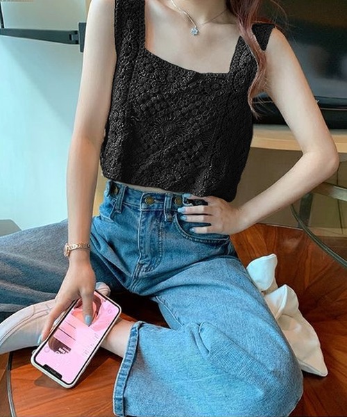 ニットビスチェベストクロップド丈クロシェ編みかぎ編みレース