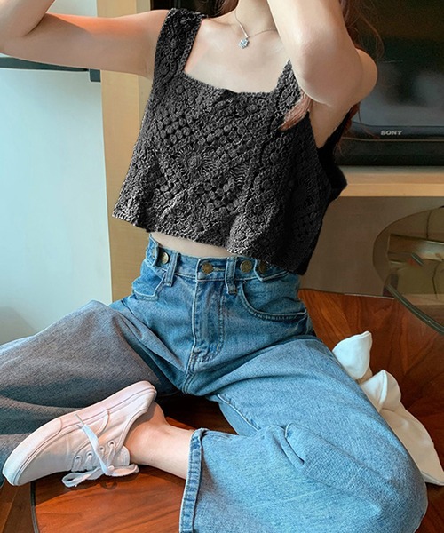 ニットビスチェベストクロップド丈クロシェ編みかぎ編みレース