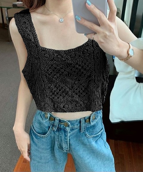 ニットビスチェベストクロップド丈クロシェ編みかぎ編みレース