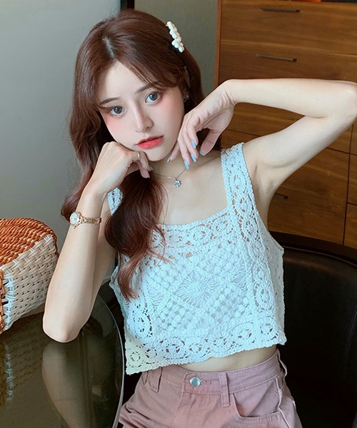 ニットビスチェベストクロップド丈クロシェ編みかぎ編みレース