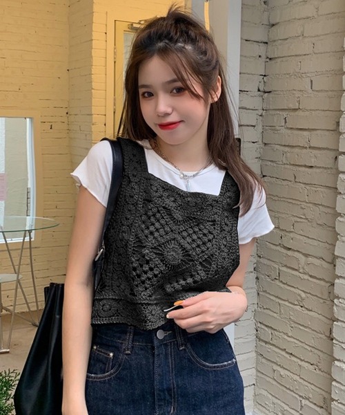 セール】ビスチェ クロシェ編み ベスト トップス ニットビスチェ