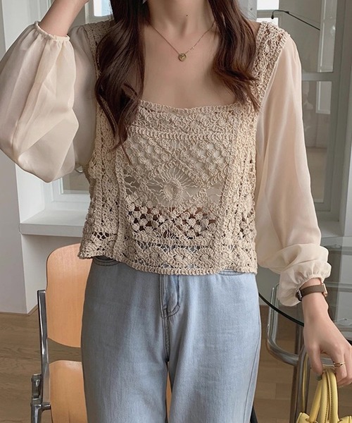 クロシェ編み ニット　ビスチェ　パンツセットアップ クロシェ編みビスチェトップス[品番：OUTW0000543]｜Outfitter