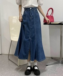 フロントスリット マーメイドライン ロングデニムスカート
