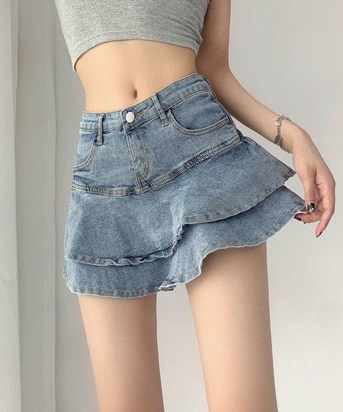 Auntie Rosa（アンティローザ）の「2重フリルデニムスカート（デニムスカート・レディース・ブルー・MEDIUM）」の4枚目の写真