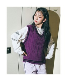 ZIDDY/【ニコ☆プチ掲載】ケーブル編みラインリブベスト+ボリュームロゴスリーブTシャツセット(130~160cm)