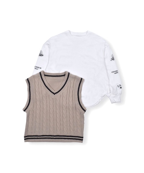 ZIDDY（ジディ）の「ZIDDY/【ニコ☆プチ掲載】ケーブル編みラインリブベスト+ボリュームロゴスリーブTシャツセット(130~160cm)（ベスト・キッズ・ベージュ/パープル・150/160/130/140）」の8枚目の写真