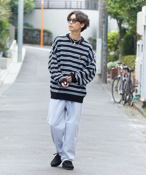 PUBLUX（パブリュクス）の「【PUBLUX/パブリュクス】 ワッペン刺繍ボーダーニット/ワンポイント刺繍/ユニセックス/マルチボーダー/プルオーバーニット（ニット/セーター・メンズ・イエロー/ネイビー/ブラック・SMALL/MEDIUM/LARGE）」の5枚目の写真