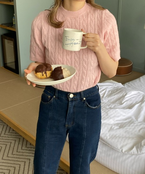 LE MORE(リモア)の「クルーネックケーブル半袖ニット(ニット/セーター・レディース・グレー/ピンク/アイボリー/ミント・FREE)」の1枚目の写真