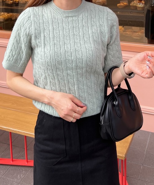 LE MORE(リモア)の「クルーネックケーブル半袖ニット(ニット/セーター・レディース・グレー/ピンク/アイボリー/ミント・FREE)」の17枚目の写真