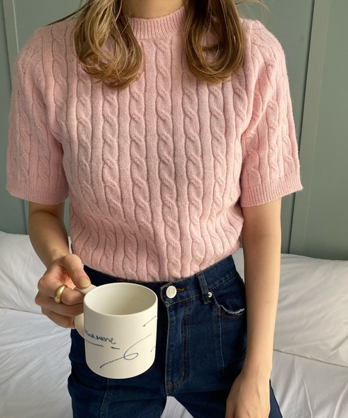 LE MORE(リモア)の「クルーネックケーブル半袖ニット(ニット/セーター・レディース・グレー/ピンク/アイボリー/ミント・FREE)」の7枚目の写真