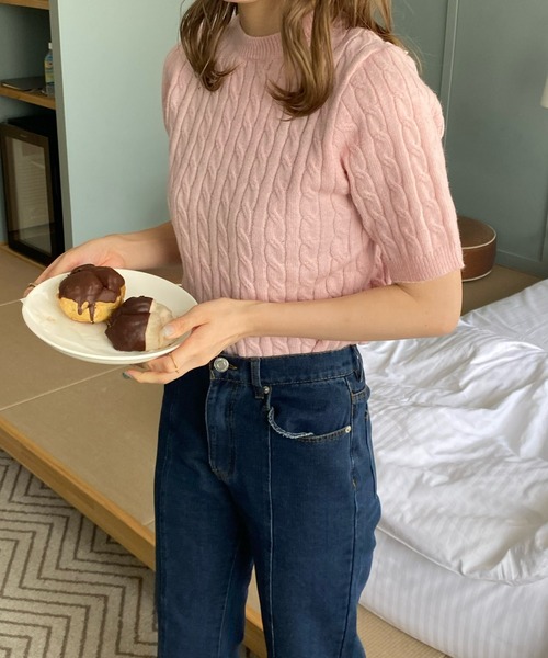 LE MORE(リモア)の「クルーネックケーブル半袖ニット(ニット/セーター・レディース・グレー/ピンク/アイボリー/ミント・FREE)」の6枚目の写真