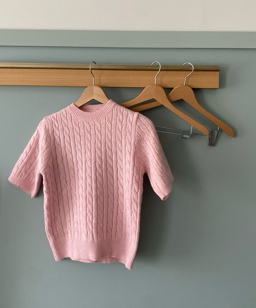 LE MORE(リモア)の「クルーネックケーブル半袖ニット(ニット/セーター・レディース・グレー/ピンク/アイボリー/ミント・FREE)」の5枚目の写真