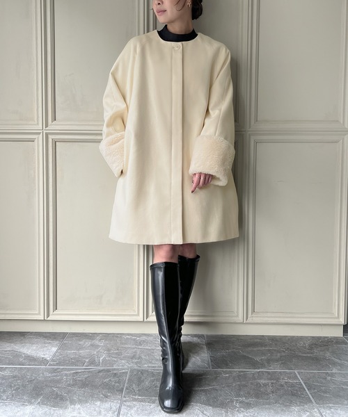 JUNOAH（ジュノア）の「袖口ファーノーカラーコート（ノーカラーコート・レディース・アイボリー/ブラック/ピンク系その他・MEDIUM/LARGE/X-LARGE）」の16枚目の写真