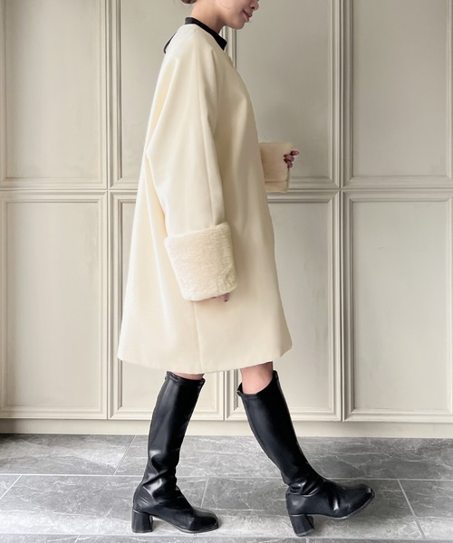 JUNOAH（ジュノア）の「袖口ファーノーカラーコート（ノーカラーコート・レディース・アイボリー/ブラック/ピンク系その他・MEDIUM/LARGE/X-LARGE）」の8枚目の写真