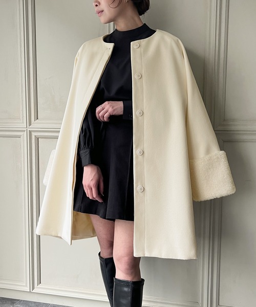 JUNOAH（ジュノア）の「袖口ファーノーカラーコート（ノーカラーコート・レディース・アイボリー/ブラック/ピンク系その他・MEDIUM/LARGE/X-LARGE）」の12枚目の写真