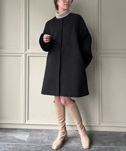 JUNOAH（ジュノア）の「袖口ファーノーカラーコート（ノーカラーコート・レディース・アイボリー/ブラック/ピンク系その他・MEDIUM/LARGE/X-LARGE）」の9枚目の写真