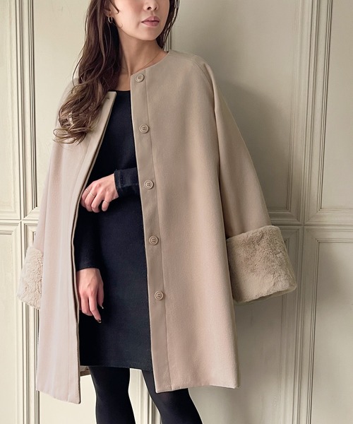 JUNOAH（ジュノア）の「袖口ファーノーカラーコート（ノーカラーコート・レディース・アイボリー/ブラック/ピンク系その他・MEDIUM/LARGE/X-LARGE）」の11枚目の写真