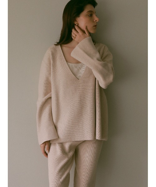 Stylevoice for xxx（スタイルヴォイスフォー）の「リブニットワイドパンツ(セットアップ対応)（その他パンツ・レディース・ライトベージュ/ブラック・FREE）」の5枚目の写真