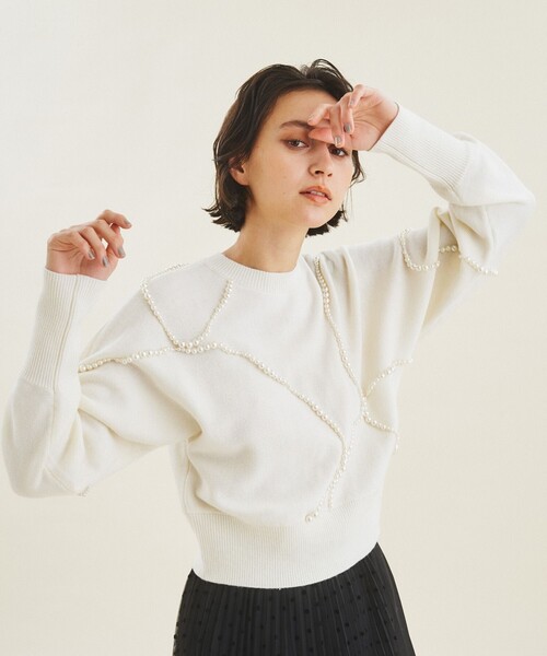 GRACE CONTINENTAL（グレースコンチネンタル）の「パールラインニットトップ（ニット/セーター・レディース・ホワイト/ブラック・36）」の3枚目の写真