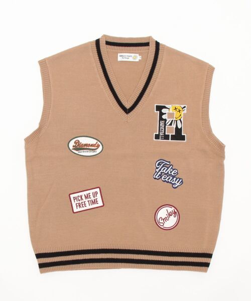 ＪＵＧＬＡＮＳ（ユグランス）の「SMILEY FACE　スマイルワッペンニットベスト（ベスト・メンズ・ブラック/ベージュ/グリーン・L/M）」の2枚目の写真
