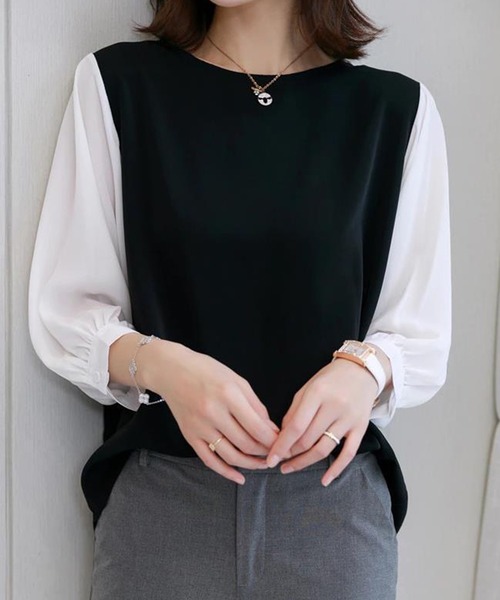 NinaetLina（ニナエリナ）の「切替七分丈袖クルーネックドッキングTシャツ（Tシャツ/カットソー・レディース・ブラック系その他/グレー×ホワイト/ブラック×ホワイト/ブラック系その他2・XL/M/L）」の2枚目の写真