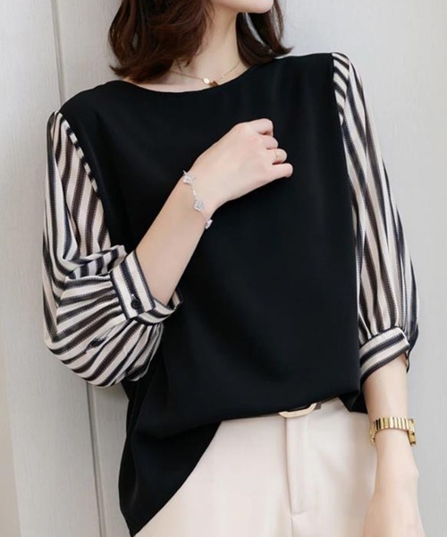 NinaetLina（ニナエリナ）の「切替七分丈袖クルーネックドッキングTシャツ（Tシャツ/カットソー・レディース・ブラック系その他/グレー×ホワイト/ブラック×ホワイト/ブラック系その他2・XL/M/L）」の3枚目の写真