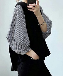 切替七分丈袖クルーネックドッキングTシャツ