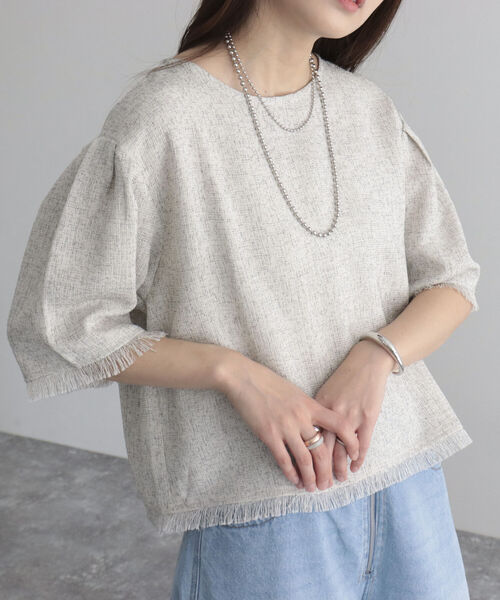 fredy emue（フレディエミュ）の「ツィードフリンジ半袖ブラウス（シャツ/ブラウス・レディース・ネイビー/グリーン/アイボリー・38）」の2枚目の写真