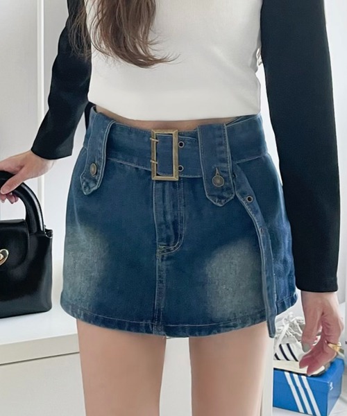 WIDE BELT DENIM MINI SKIRT / ワイドベルトミニスカート