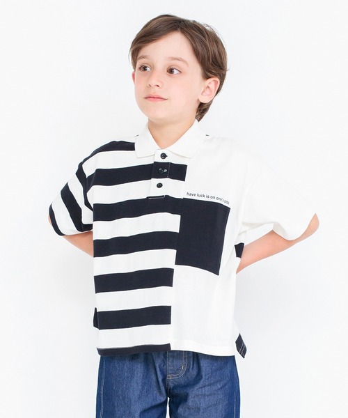 BRANSHES（ブランシェス）の「【ロイヤルコットン100％】ボーダー半袖ポロシャツ（ポロシャツ・キッズ・オフホワイト/杢グレー・100/150/120/140/110/90/130）」の2枚目の写真