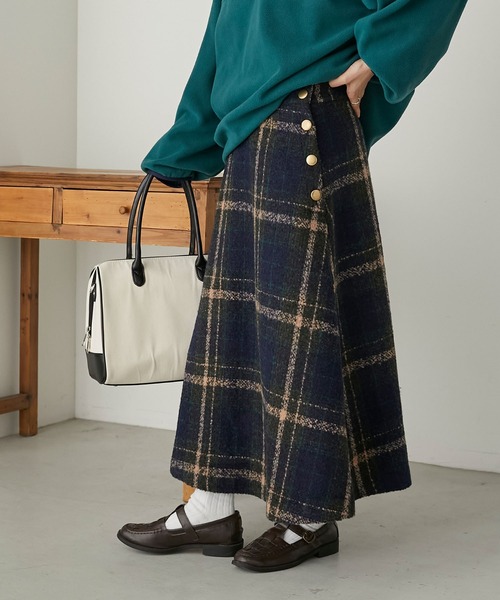 BONLECILL（ボンルシール）の「チェック柄ツイード フレアロングスカート（スカート・レディース・オレンジ/ブラウン/チャコールグレー/レッド・FREE）」の14枚目の写真