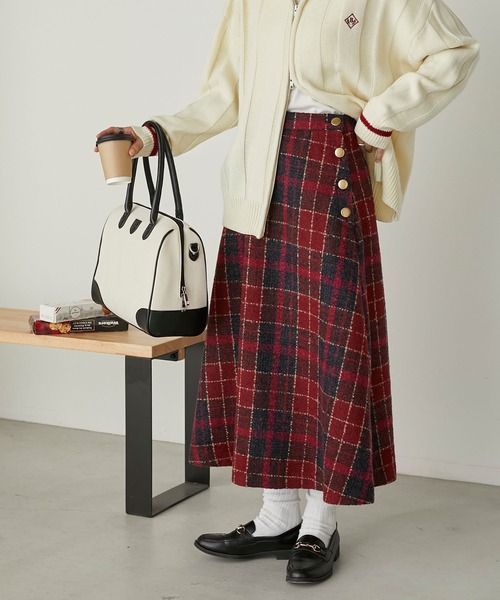BONLECILL（ボンルシール）の「チェック柄ツイード フレアロングスカート（スカート・レディース・オレンジ/ブラウン/チャコールグレー/レッド・FREE）」の17枚目の写真