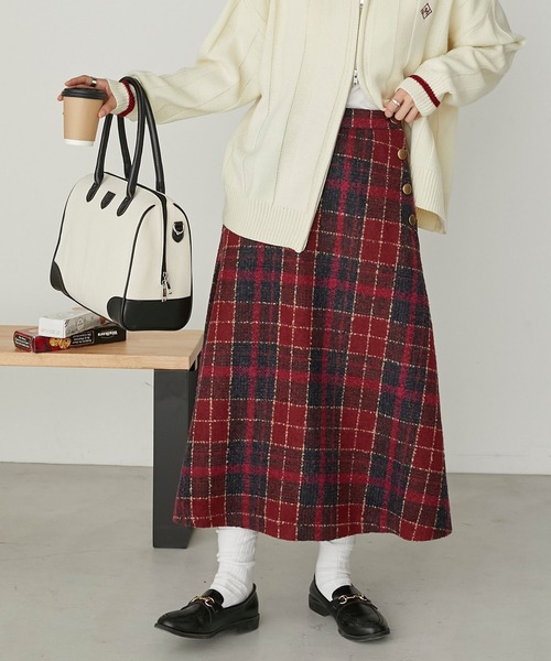 BONLECILL（ボンルシール）の「チェック柄ツイード フレアロングスカート（スカート・レディース・オレンジ/ブラウン/チャコールグレー/レッド・FREE）」の16枚目の写真