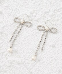 ピアス リボン ストーン パール調 サージカルステンレスポスト フックピアス
