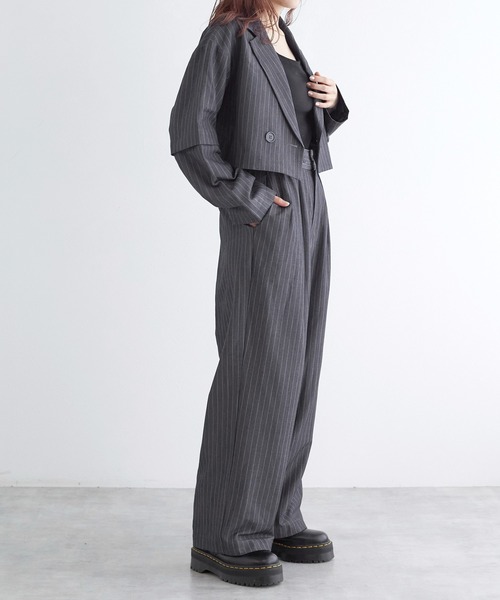 w closet（ダブルクローゼット）の「【2WAY】ショートダブルテーラードジャケット（テーラードジャケット・レディース・ネイビー×ホワイト/チャコールグレー/グレー系その他・FREE）」の8枚目の写真